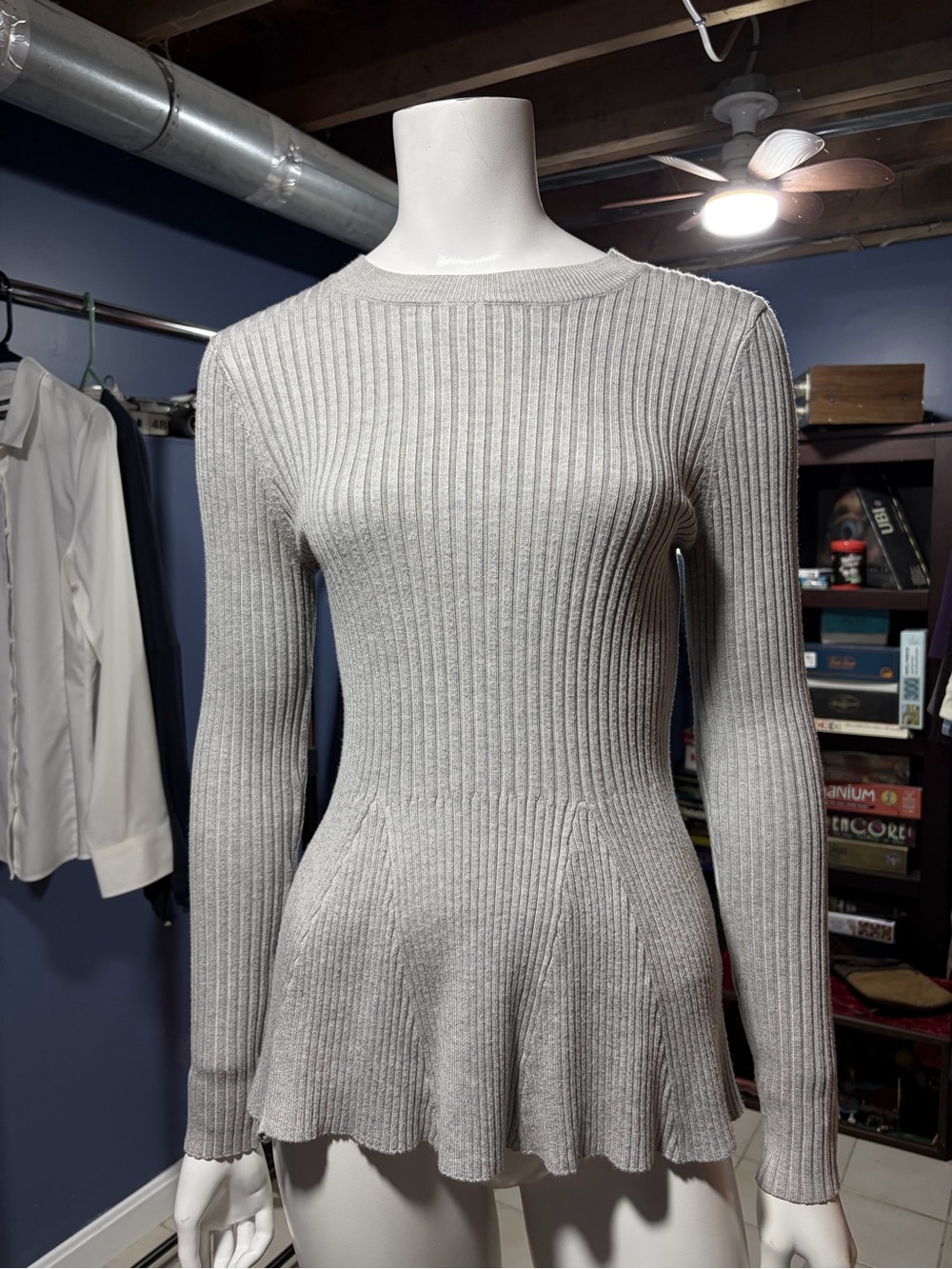 Ribbed Peplum Long-Sleeve Knit Top Light Gray  Size S